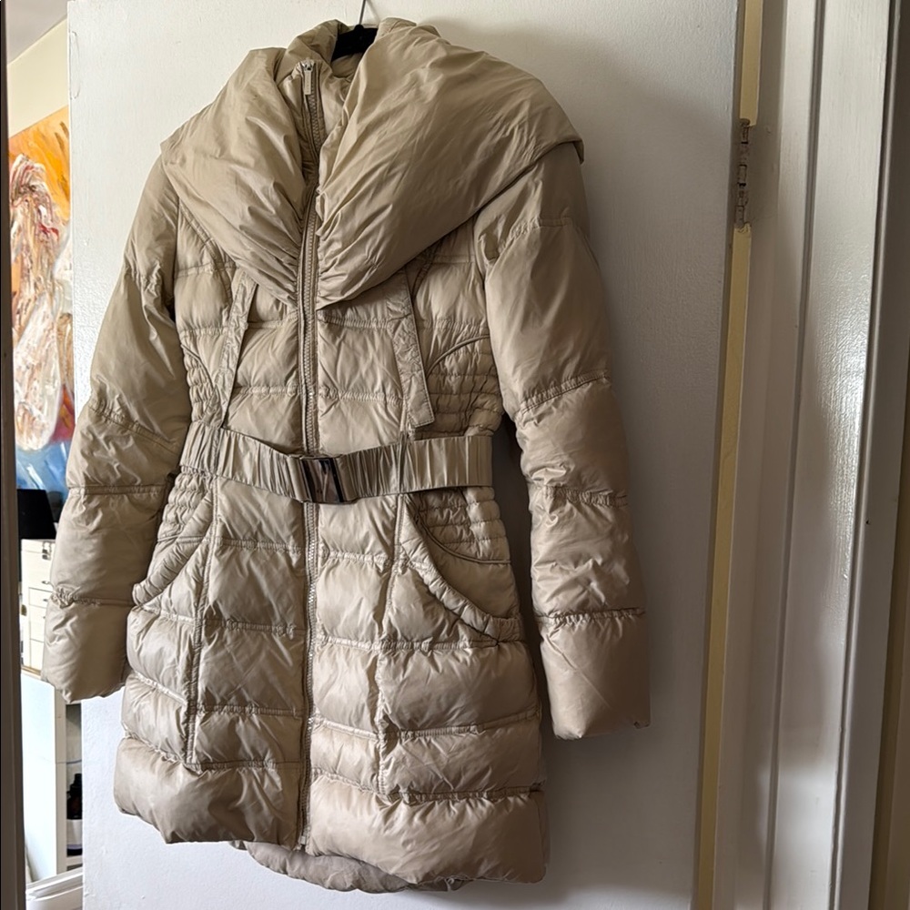 Laundry By Shelli Segal Tan Puffer Coat with Belted Waist and Hood
